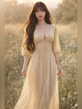 Sunny with a Chance of Blooms meadow floral sheer dreamy maxi dress M